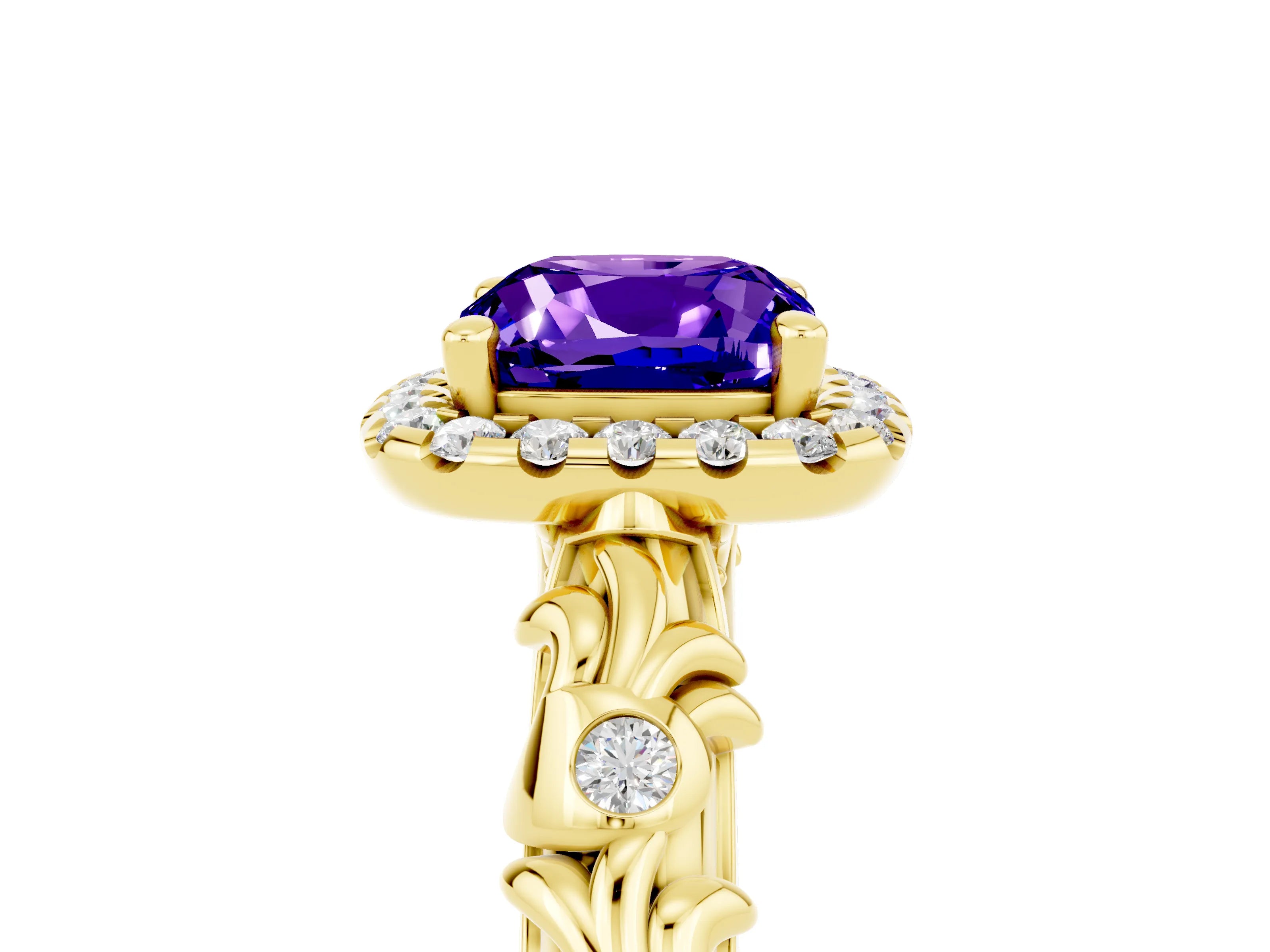 Yellow gold Cushion Cut Halo Diamond Solitaire with Filigree Band and Four-Prong Setting_5