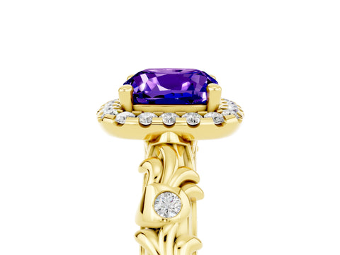 Yellow gold Cushion Cut Halo Diamond Solitaire with Filigree Band and Four-Prong Setting_5