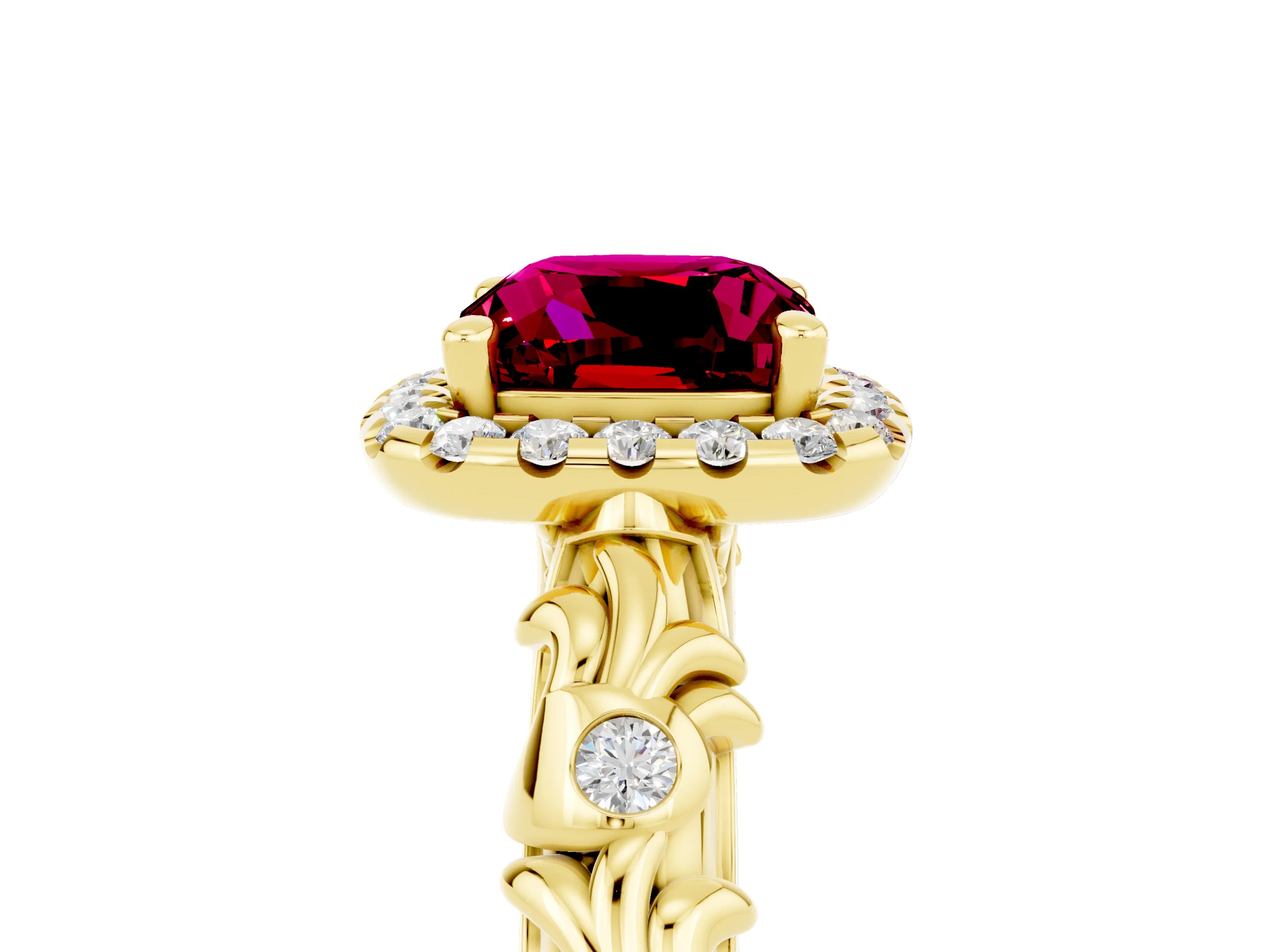 Yellow gold Cushion Cut Halo Diamond Solitaire with Filigree Band and Four-Prong Setting_5