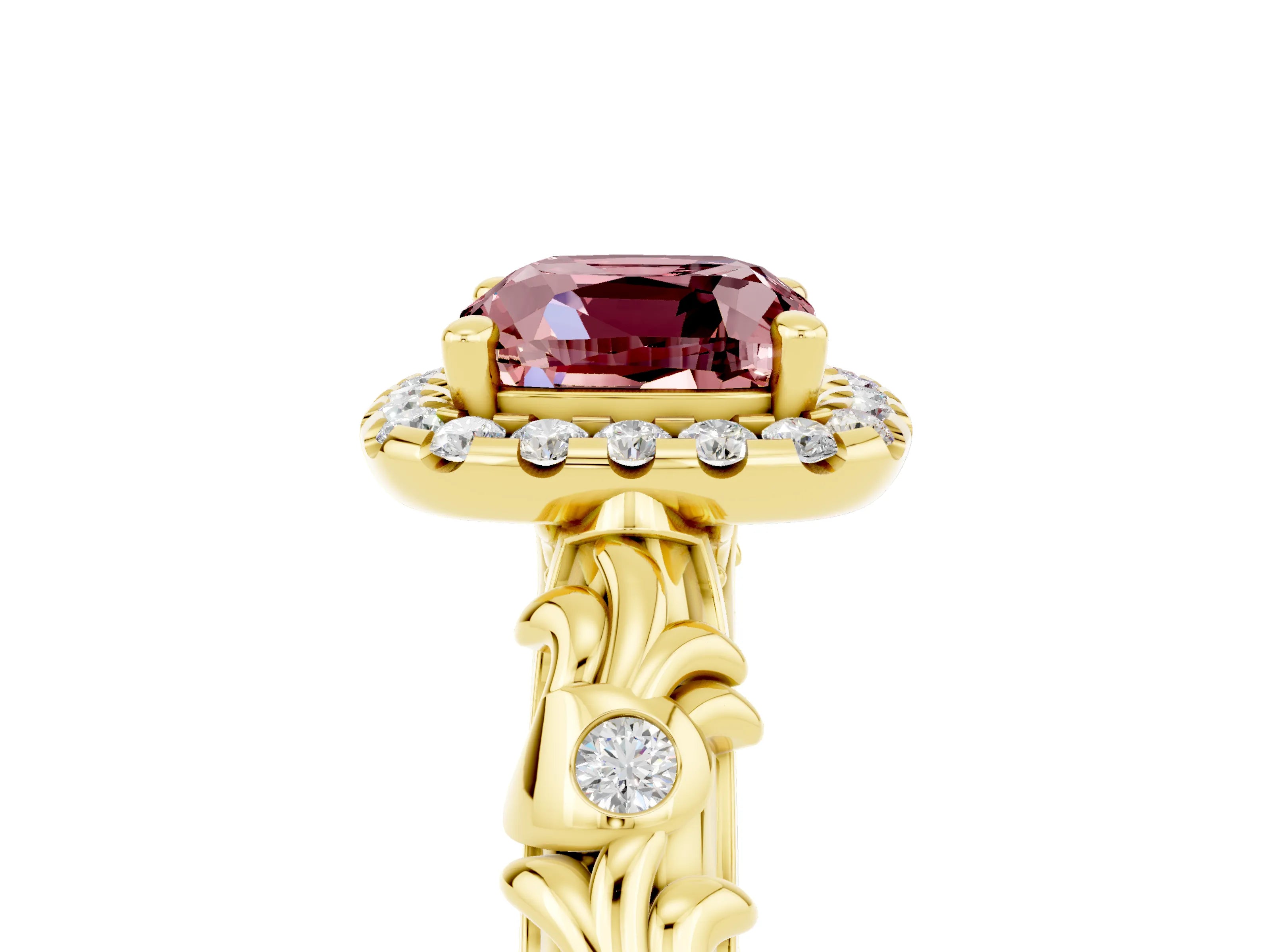 Yellow gold Cushion Cut Halo Diamond Solitaire with Filigree Band and Four-Prong Setting_5