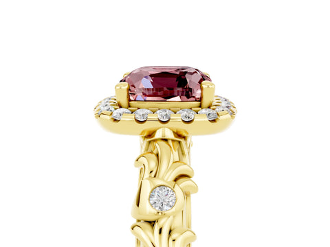 Yellow gold Cushion Cut Halo Diamond Solitaire with Filigree Band and Four-Prong Setting_5