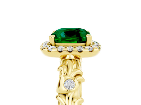 Yellow gold Cushion Cut Halo Diamond Solitaire with Filigree Band and Four-Prong Setting_5