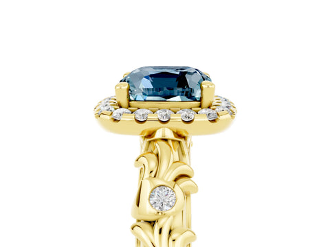 Yellow gold Cushion Cut Halo Diamond Solitaire with Filigree Band and Four-Prong Setting_5
