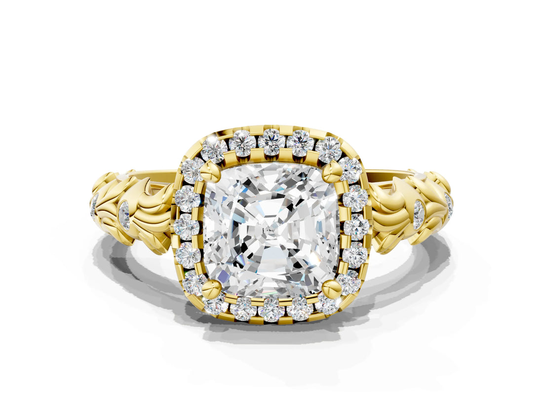 Yellow gold Cushion Cut Halo Diamond Solitaire with Filigree Band and Four-Prong Setting_7