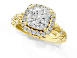 Yellow gold Cushion Cut Halo Diamond Solitaire with Filigree Band and Four-Prong Setting_8