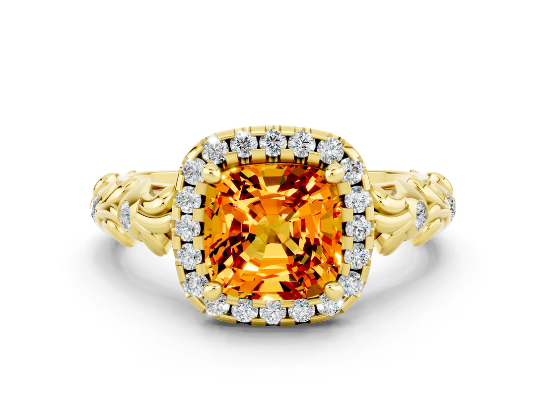 Yellow gold Cushion Cut Halo Diamond Solitaire with Filigree Band and Four-Prong Setting