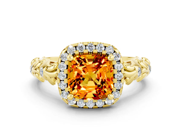 Yellow gold Cushion Cut Citrine Halo Ring with Filigree Band and Prong Setting