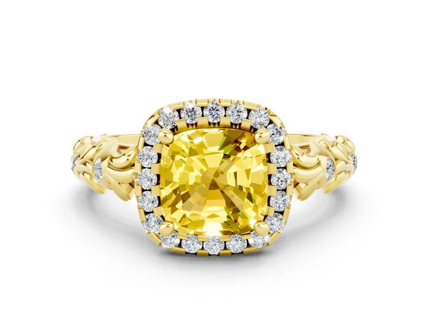 Yellow gold Cushion Cut Yellow Sapphire Halo Ring with Filigree Band and Prong Setting