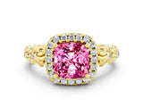 Yellow gold Cushion Cut Halo Diamond Solitaire with Filigree Band and Four-Prong Setting