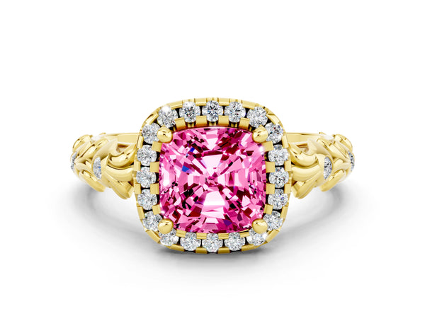 Yellow gold Cushion Cut Pink Sapphire Halo Ring with Filigree Band and Prong Setting