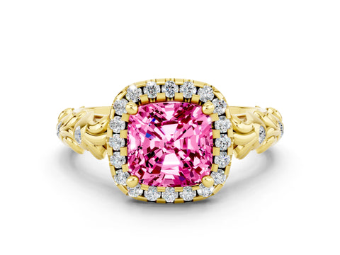 Yellow gold Cushion Cut Halo Diamond Solitaire with Filigree Band and Four-Prong Setting