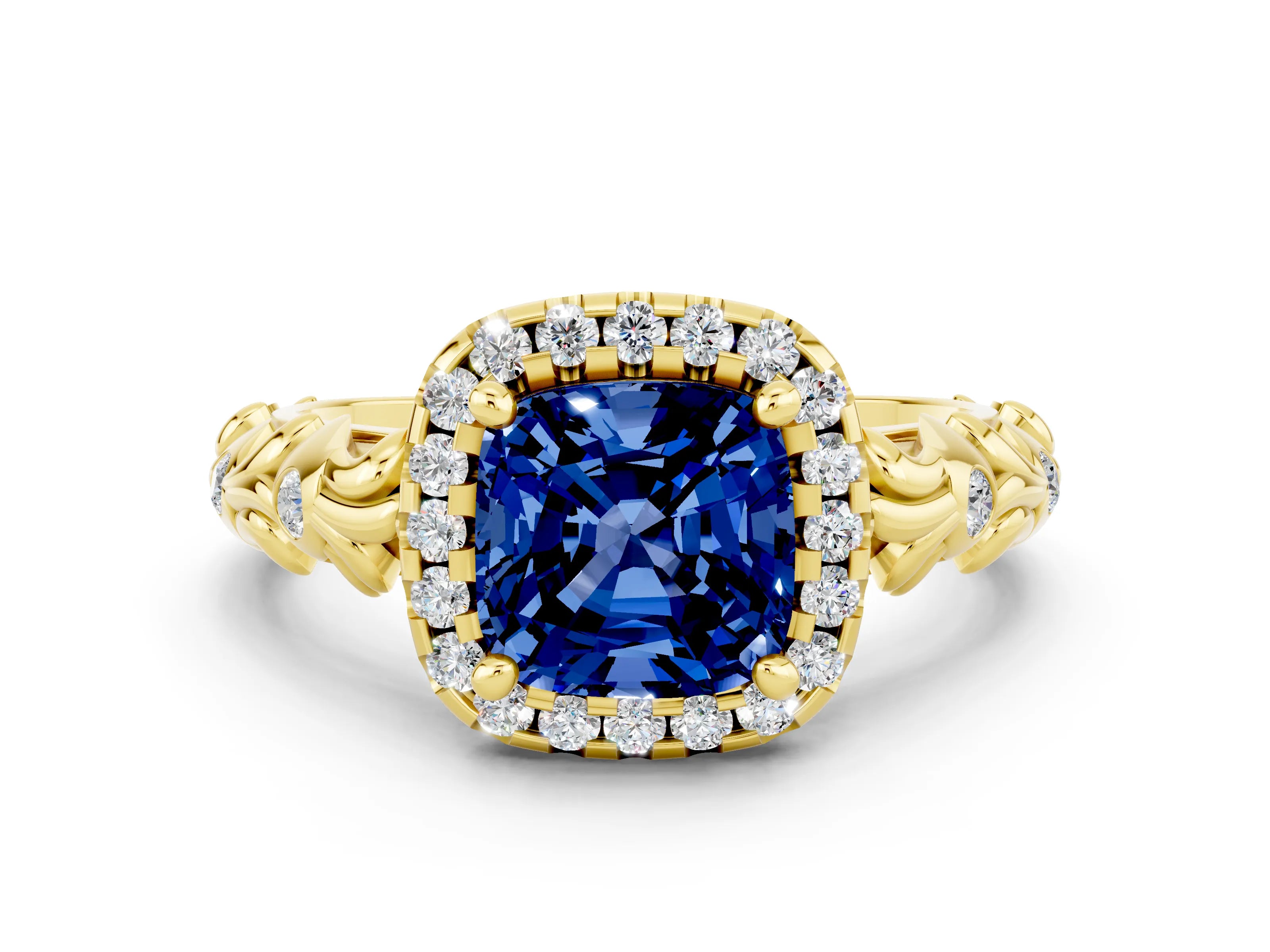 Yellow gold Cushion Cut Halo Diamond Solitaire with Filigree Band and Four-Prong Setting