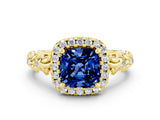 Yellow gold Cushion Cut Halo Diamond Solitaire with Filigree Band and Four-Prong Setting