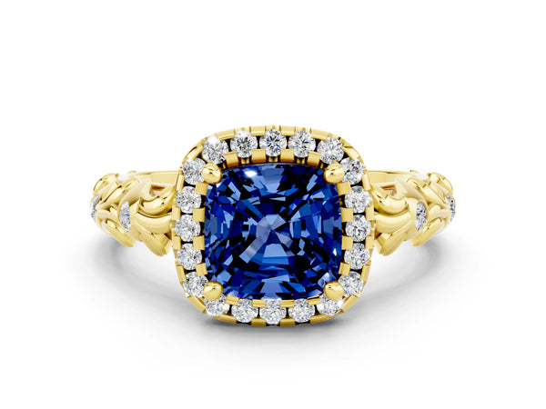 Yellow gold Cushion Cut Blue Sapphire Halo Ring with Filigree Band and Prong Setting