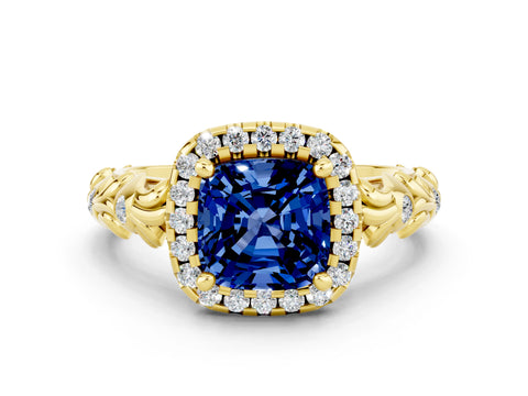 Yellow gold Cushion Cut Halo Diamond Solitaire with Filigree Band and Four-Prong Setting