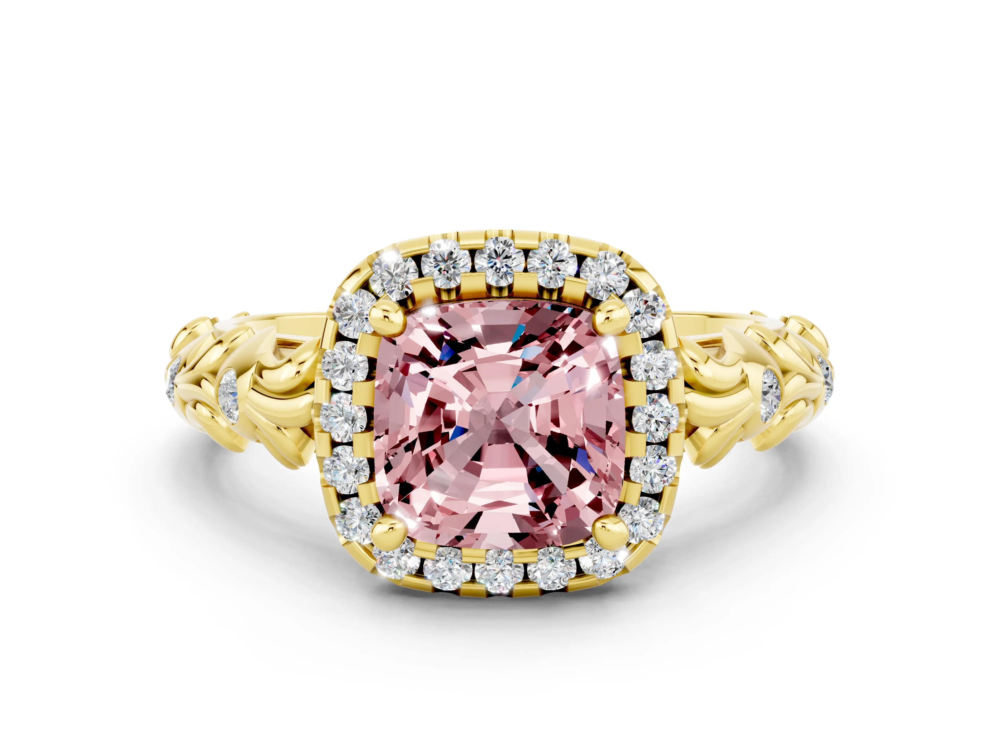 Yellow gold Cushion Cut Halo Diamond Solitaire with Filigree Band and Four-Prong Setting