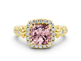 Yellow gold Cushion Cut Halo Diamond Solitaire with Filigree Band and Four-Prong Setting