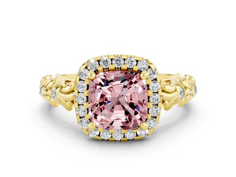 Yellow gold Cushion Cut Halo Diamond Solitaire with Filigree Band and Four-Prong Setting