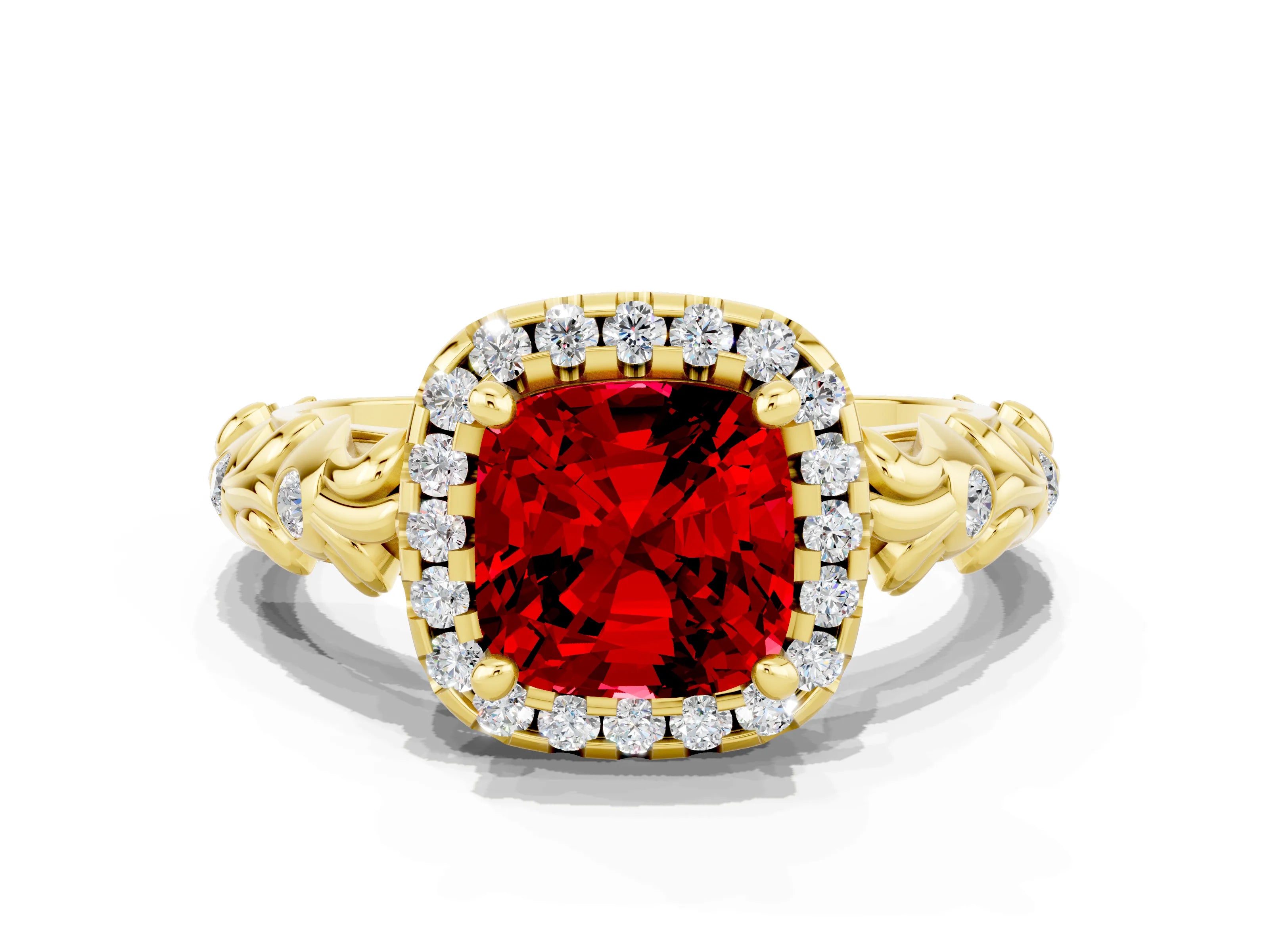 Yellow gold Cushion Cut Halo Diamond Solitaire with Filigree Band and Four-Prong Setting