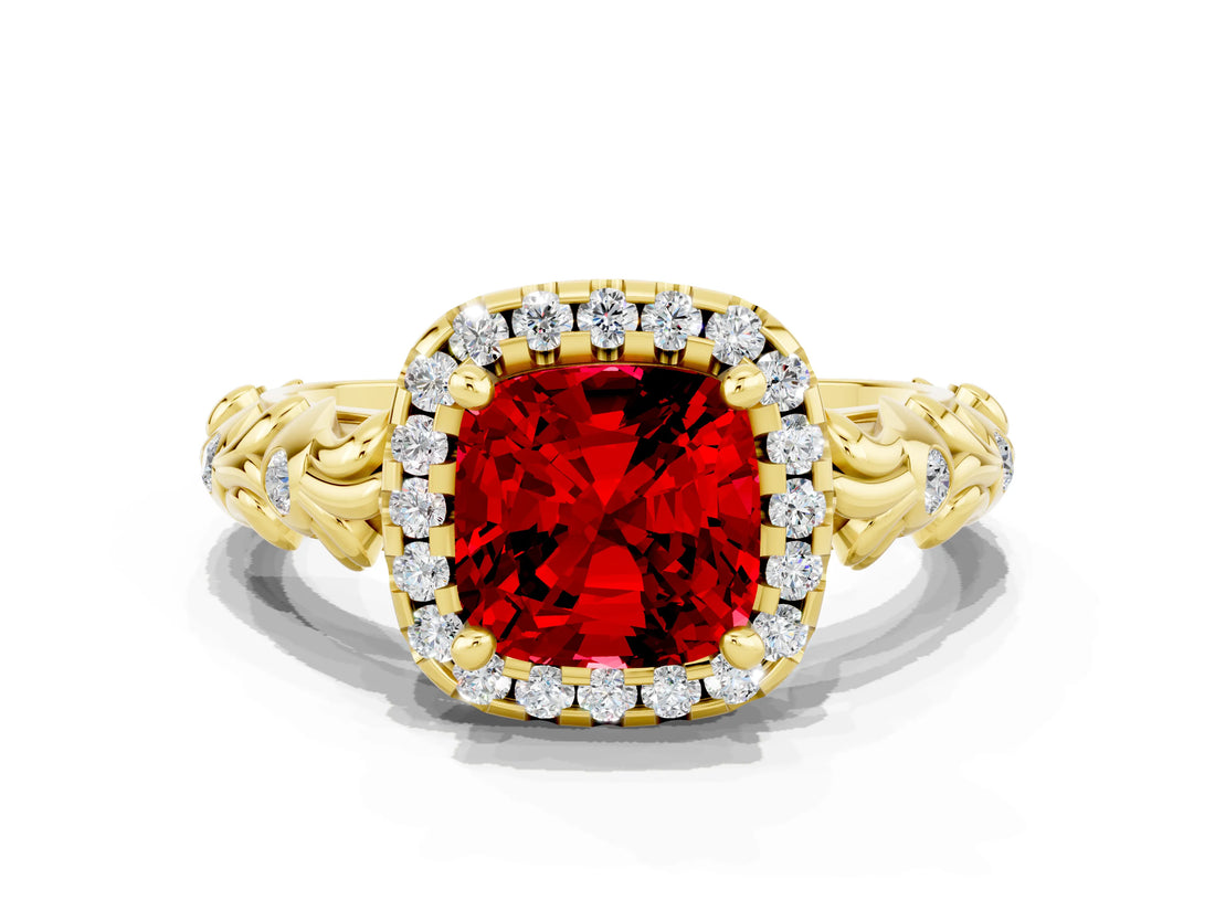 Yellow gold Cushion Cut Halo Diamond Solitaire with Filigree Band and Four-Prong Setting