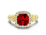 Yellow gold Cushion Cut Halo Diamond Solitaire with Filigree Band and Four-Prong Setting