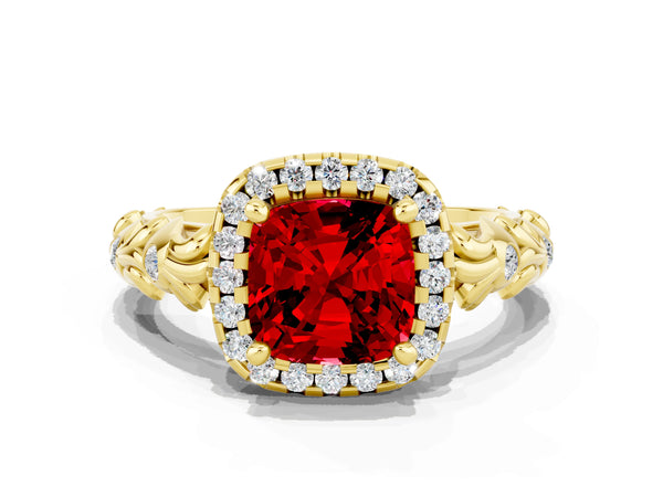 Yellow gold Cushion Cut Ruby Halo Ring with Filigree Band and Prong Setting