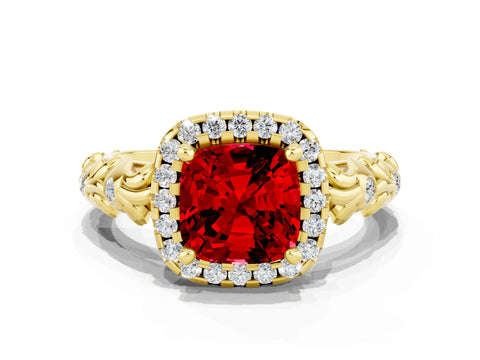 Yellow gold Cushion Cut Halo Diamond Solitaire with Filigree Band and Four-Prong Setting