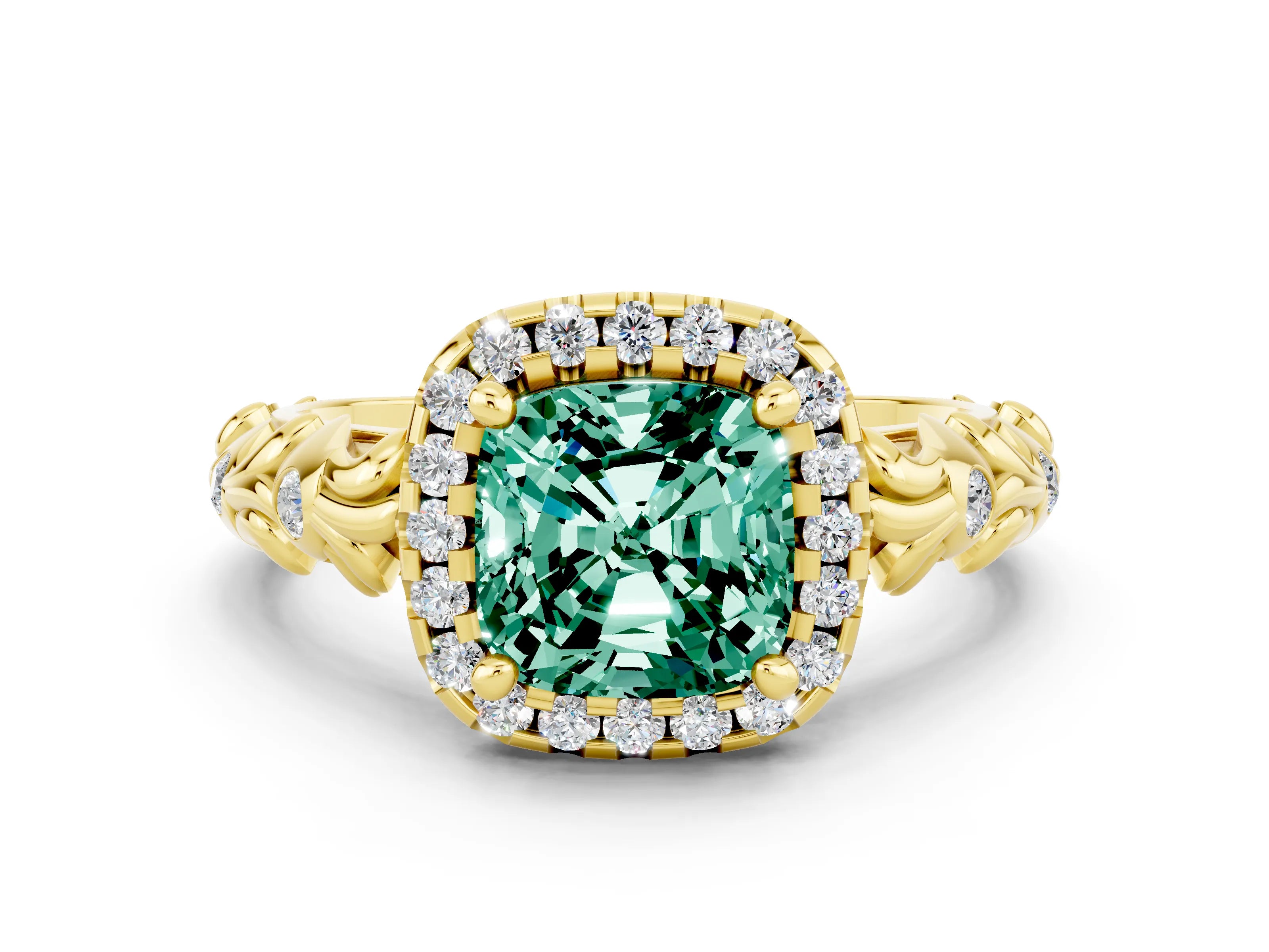 Yellow gold Cushion Cut Halo Diamond Solitaire with Filigree Band and Four-Prong Setting