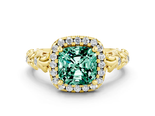 Yellow gold Cushion Cut Green Sapphire Halo Ring with Filigree Band and Prong Setting