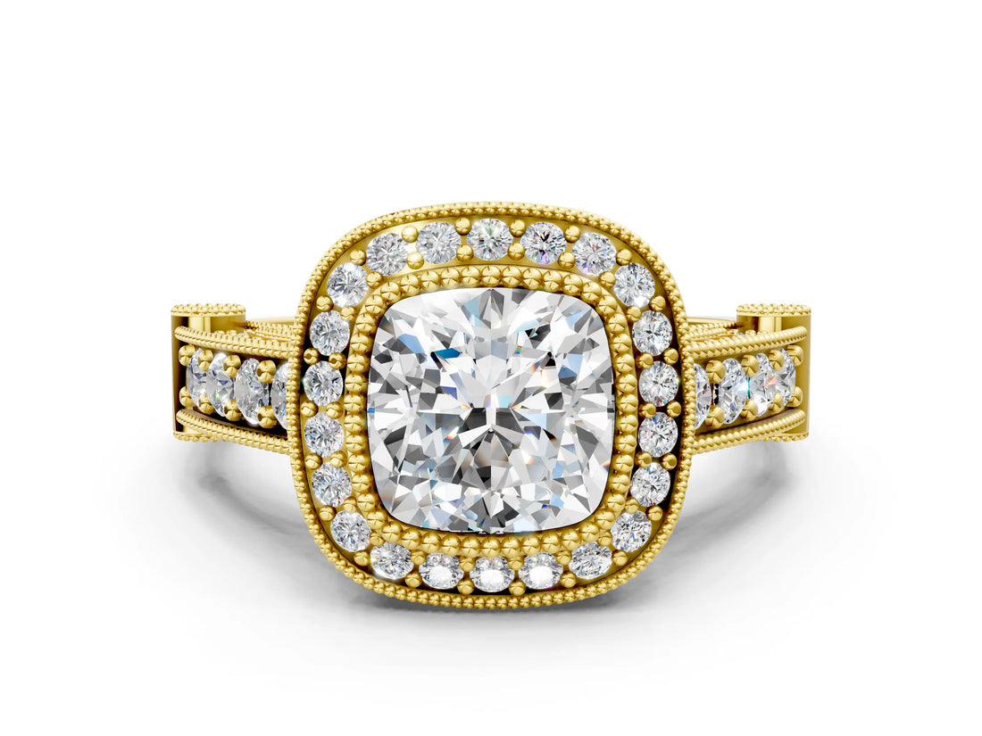 Yellow gold Cushion Cut Halo Diamond Split Shank Pave Ring_13