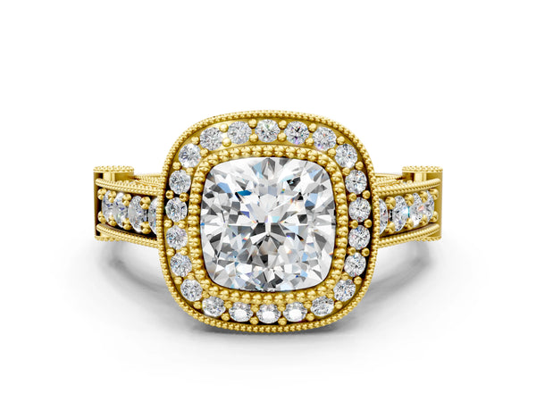 Yellow Gold Cushion Cut Vintage Bezel Halo Engagement Ring Setting