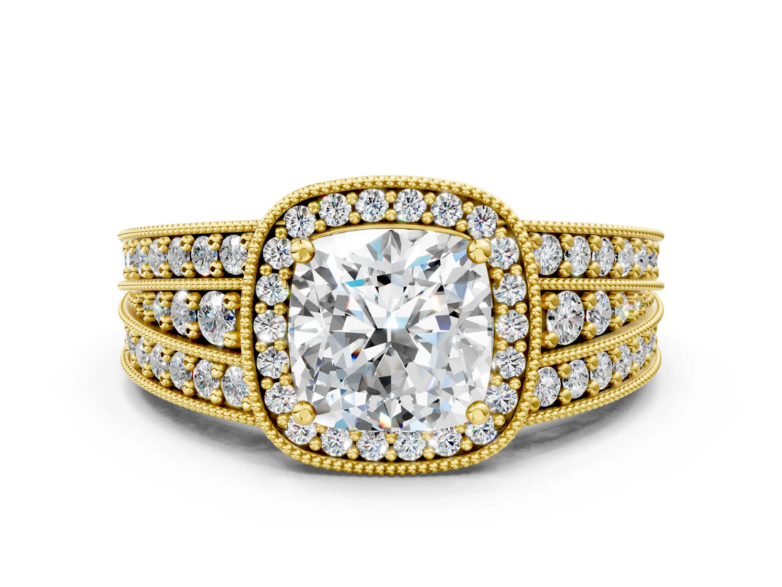 Yellow gold Cushion Cut Halo Diamond Split Shank Ring with Prong Setting_3