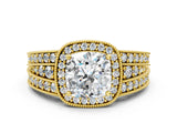 Yellow gold Cushion Cut Halo Diamond Split Shank Ring with Prong Setting_3