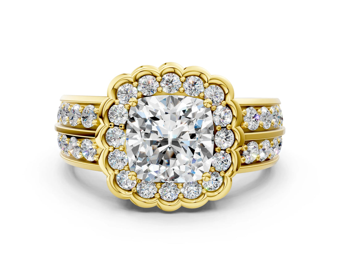 Yellow gold Cushion Cut Halo Diamond Split Shank Ring with Scalloped Prong Setting_3