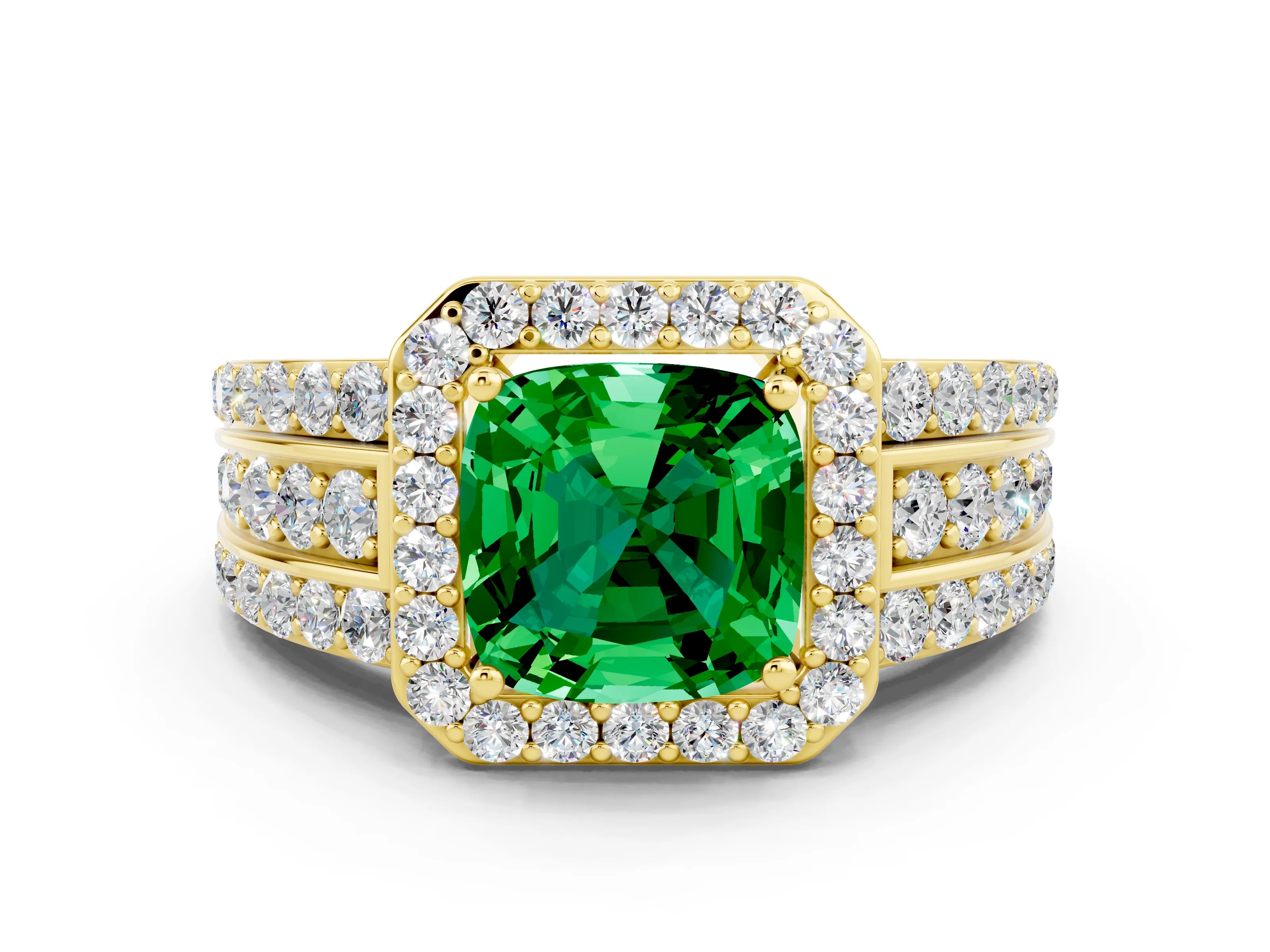 Yellow gold Cushion Cut Halo Emerald Ring with Split Shank and Four-Prong Setting