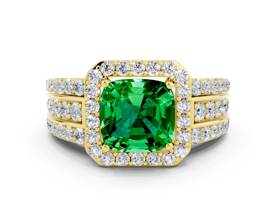 Yellow gold Cushion Cut Halo Emerald Ring with Split Shank and Four-Prong Setting