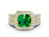 Yellow gold Cushion Cut Halo Emerald Ring with Split Shank and Four-Prong Setting