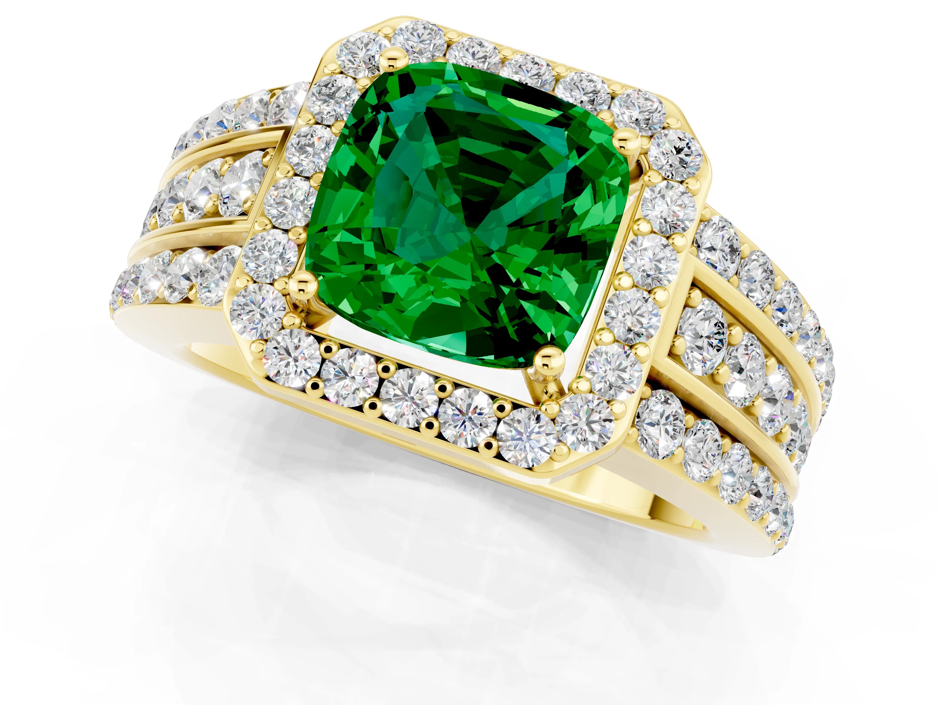 Yellow gold Cushion Cut Halo Emerald Ring with Split Shank and Four-Prong Setting_1