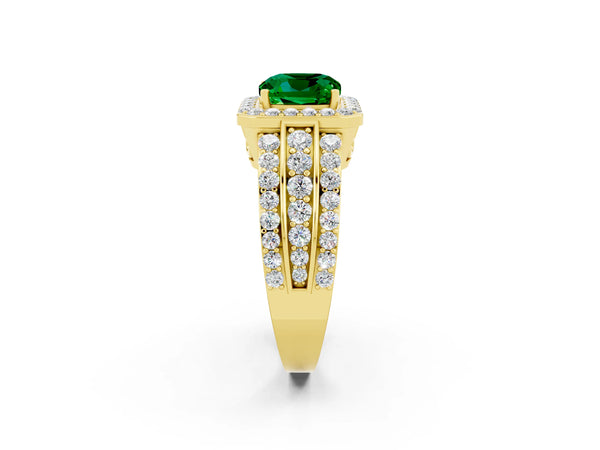Yellow gold Cushion Cut Halo Emerald Ring with Round  Split Shank and Prong Setting