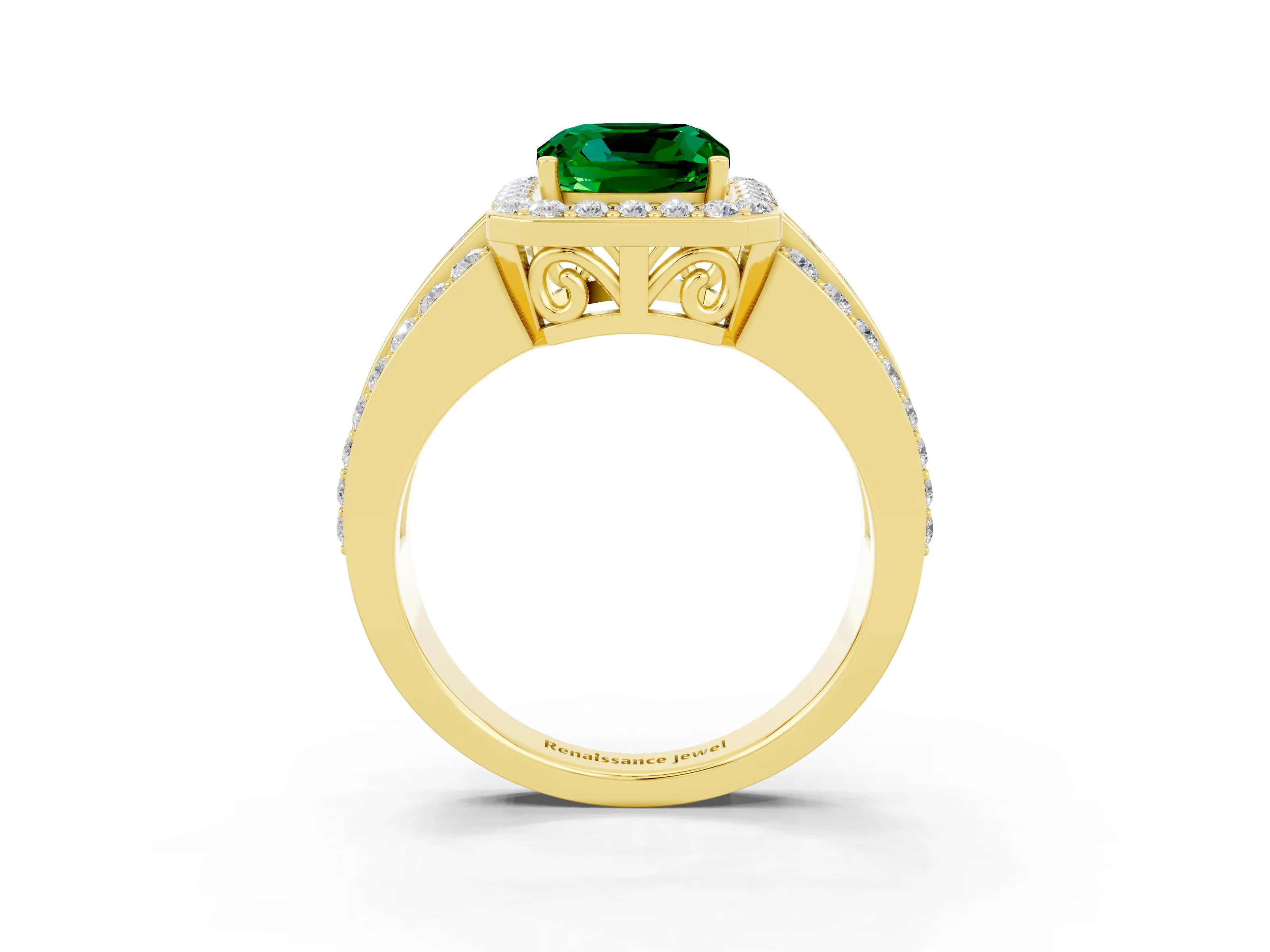 Yellow gold Cushion Cut Halo Emerald Ring with Split Shank and Four-Prong Setting_3