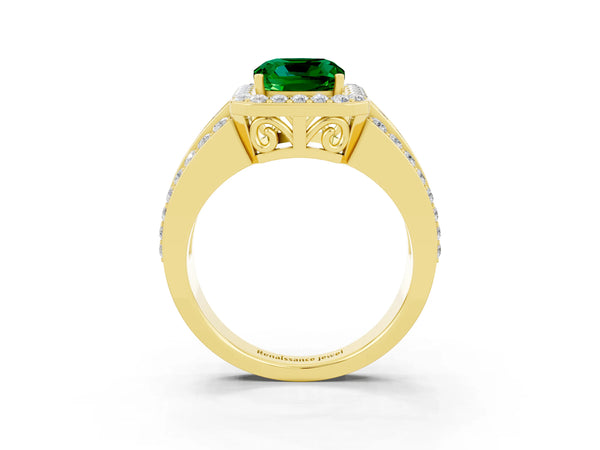 Yellow gold Cushion Cut Halo Emerald Ring with Round  Split Shank and Prong Setting