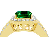 Yellow gold Cushion Cut Halo Emerald Ring with Split Shank and Four-Prong Setting_4