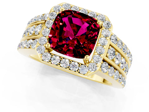Yellow gold Cushion Cut Halo Garnet Ring with Split Shank and Four-Prong Setting_1