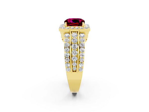 Yellow gold Cushion Cut Halo Garnet Ring with Round  Split Shank and Prong Setting
