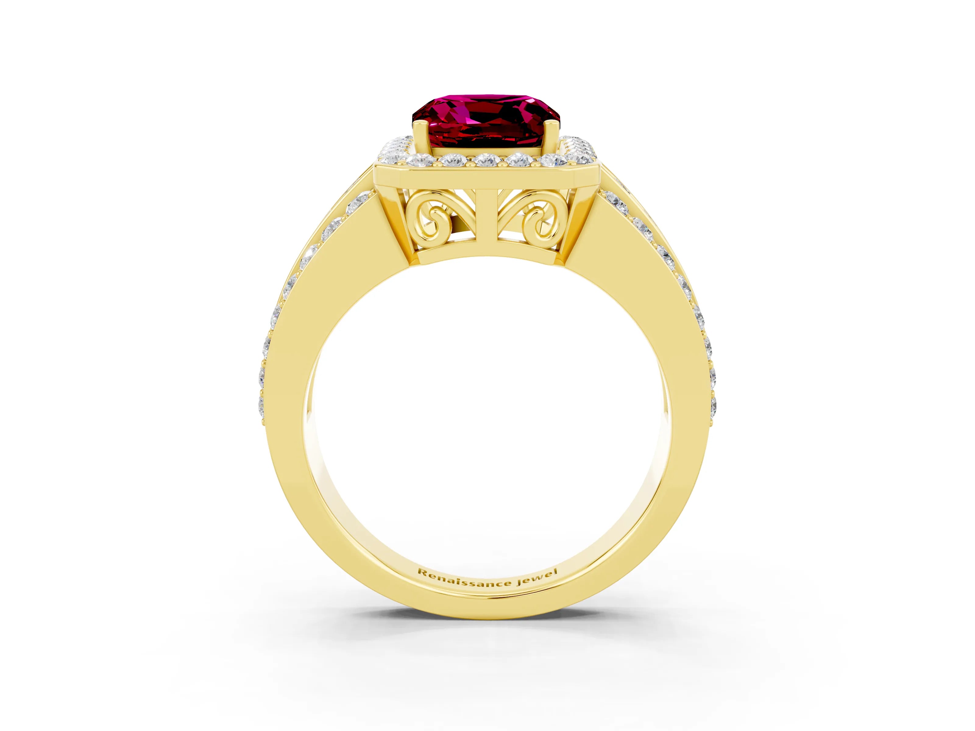 Yellow gold Cushion Cut Halo Garnet Ring with Split Shank and Four-Prong Setting_3
