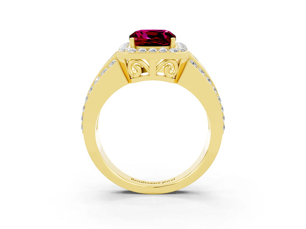 Yellow gold Cushion Cut Halo Garnet Ring with Round  Split Shank and Prong Setting