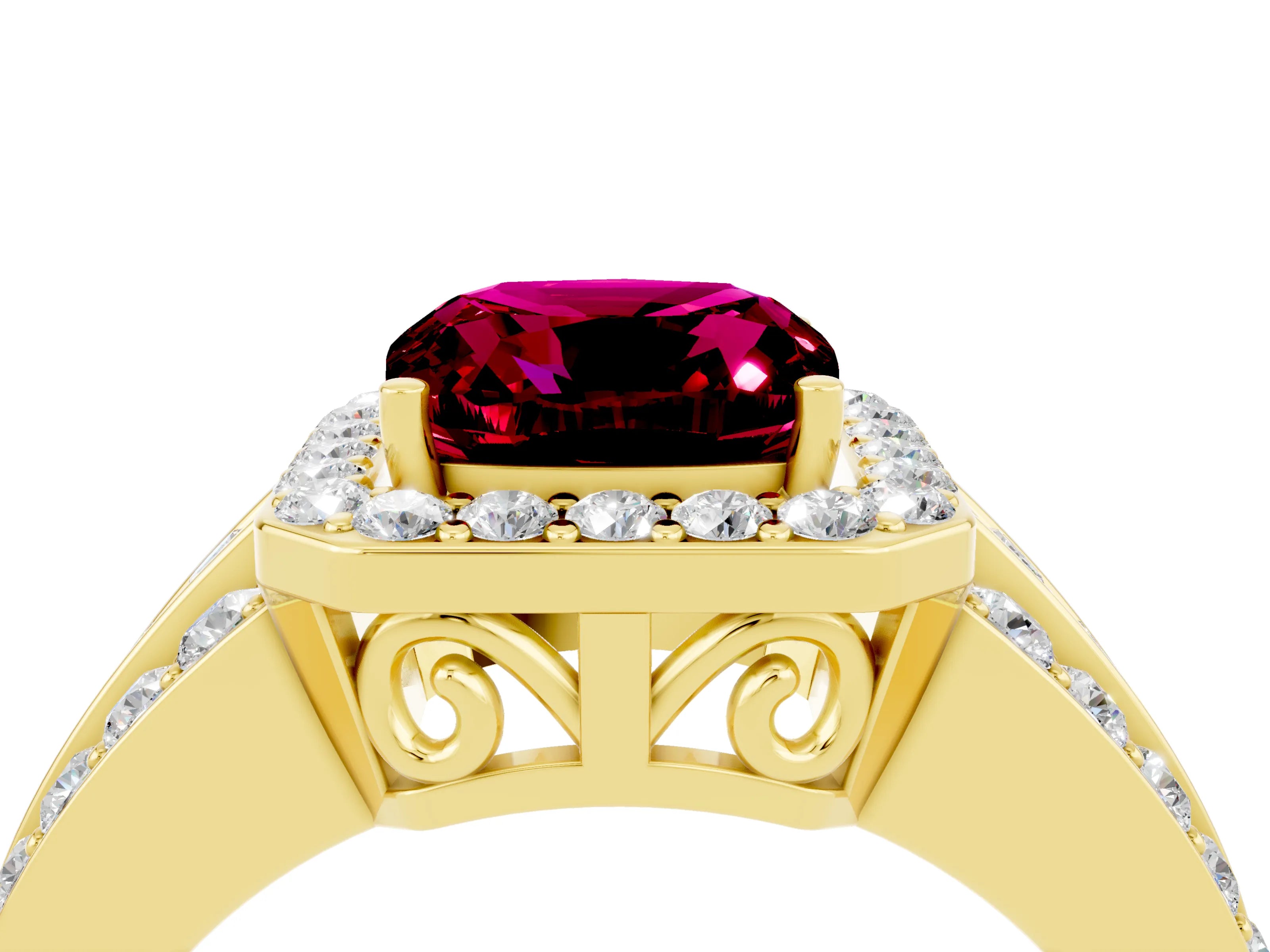 Yellow gold Cushion Cut Halo Garnet Ring with Split Shank and Four-Prong Setting_4