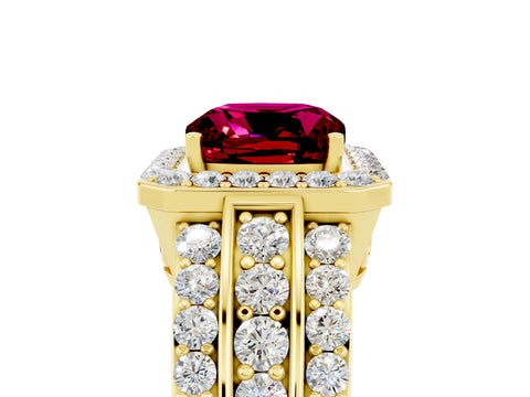 Yellow gold Cushion Cut Halo Garnet Ring with Split Shank and Four-Prong Setting_5