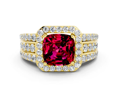 Yellow gold Cushion Cut Halo Garnet Ring with Split Shank and Four-Prong Setting
