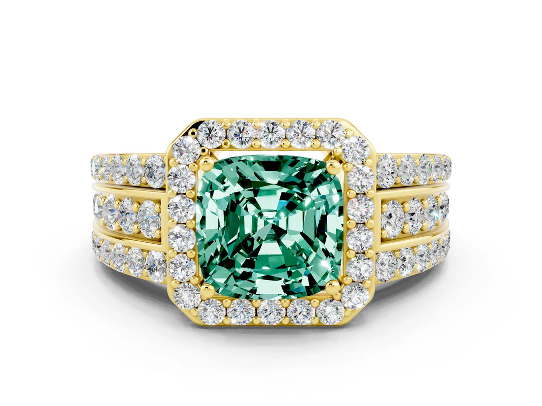 Yellow gold Cushion Cut Halo Green Sapphire Ring with Split Shank and Four-Prong Setting